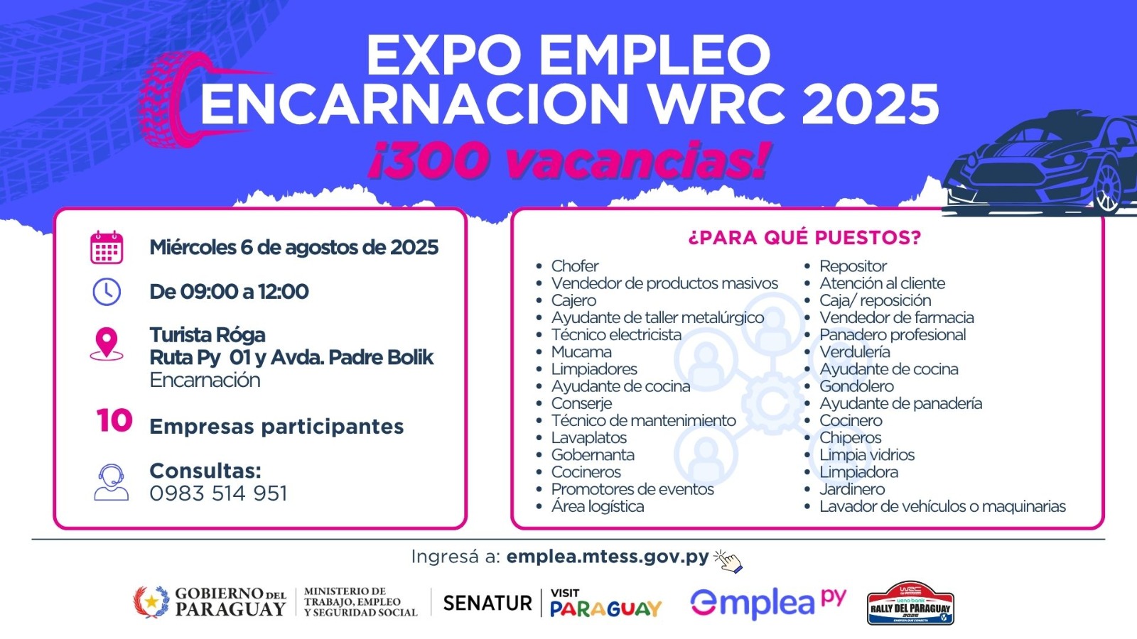 Mundial de Rally dinamiza el mercado laboral: Expo Empleo Encarnación WRC ofrece 300 vacancias