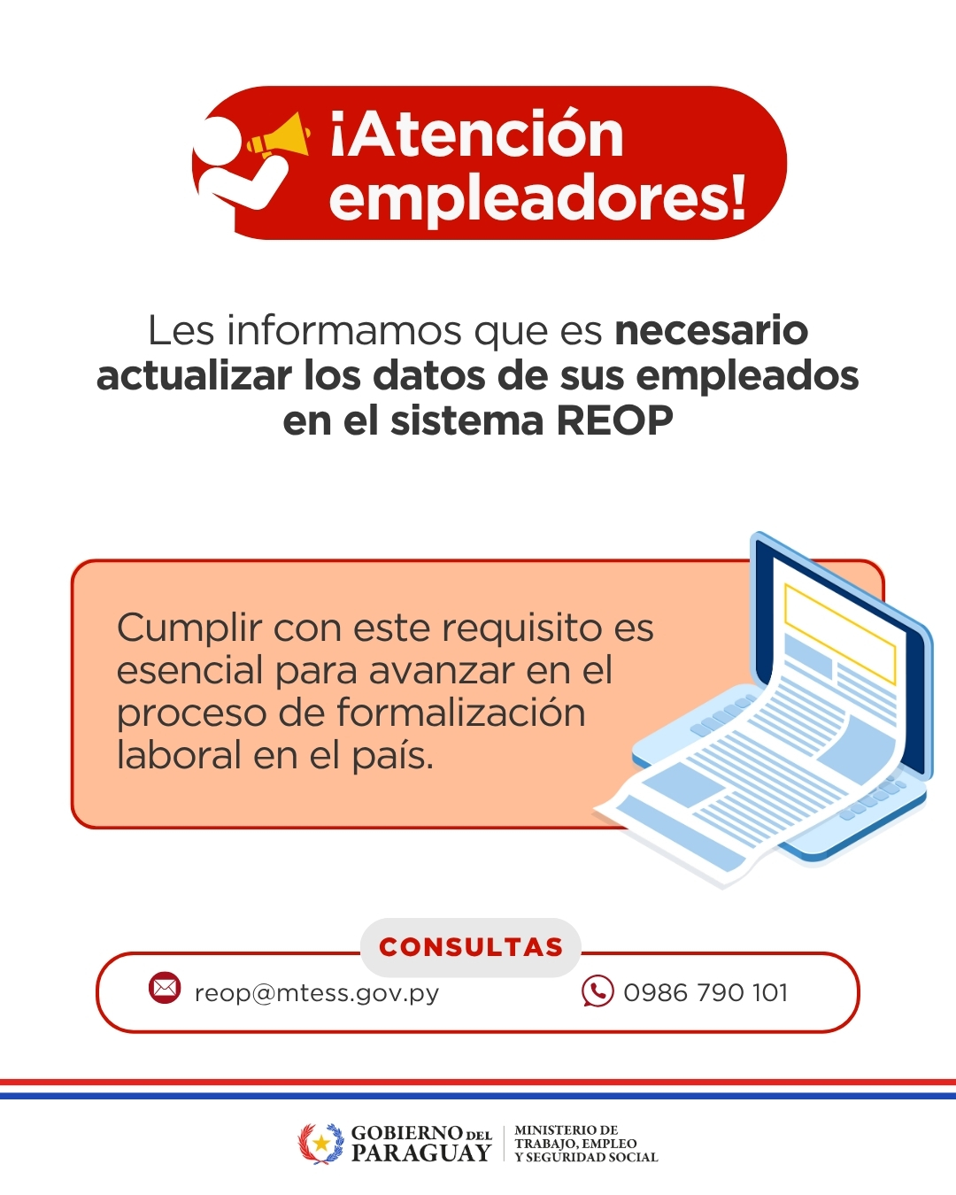 Empleadores deben mantener actualizados los datos de sus trabajadores en el sistema REOP